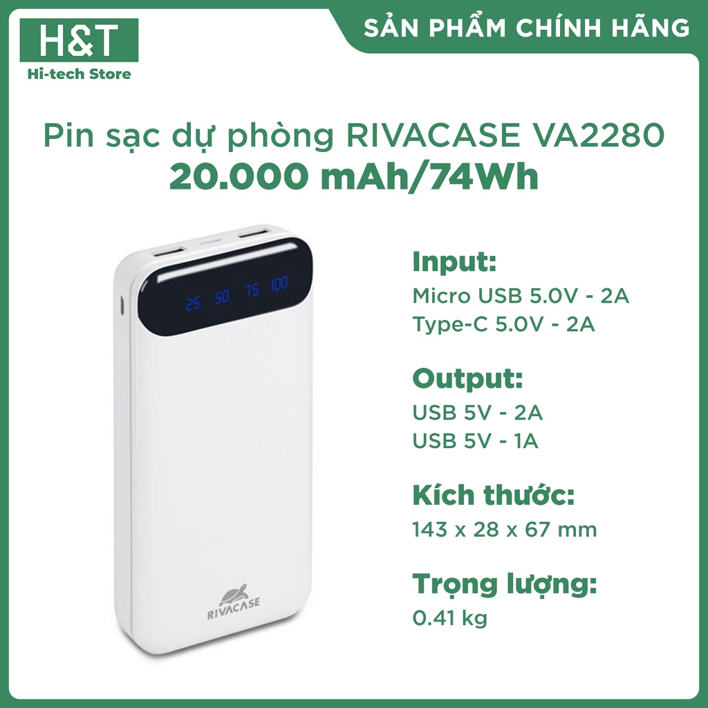 Pin sạc dự phòng Rivacase VA2280 LCD 20000 mAh – Hàng Chính Hãng