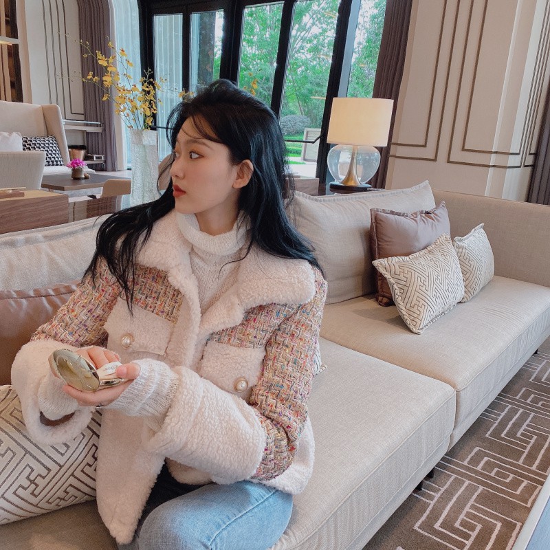 (ORDER) Áo khoác dạ dáng ngắn tay cổ phối len lông trẻ trung