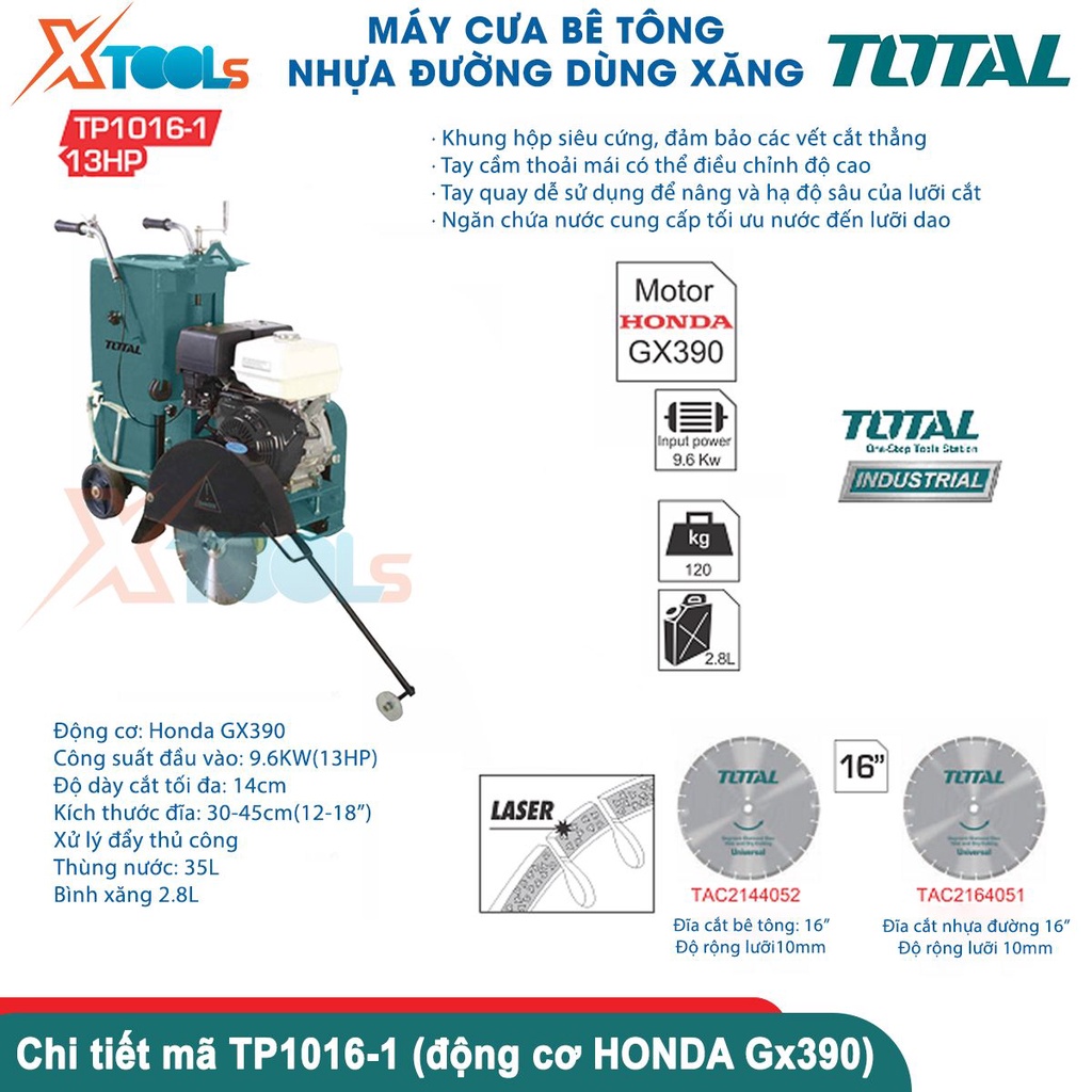 Máy cưa bê tông nhựa đường dùng xăng Total Công suất động cơ 9.6 KW (13.0HP); Khối lượng 120 kg [CHÍNH HÃNG][XTOOLS]