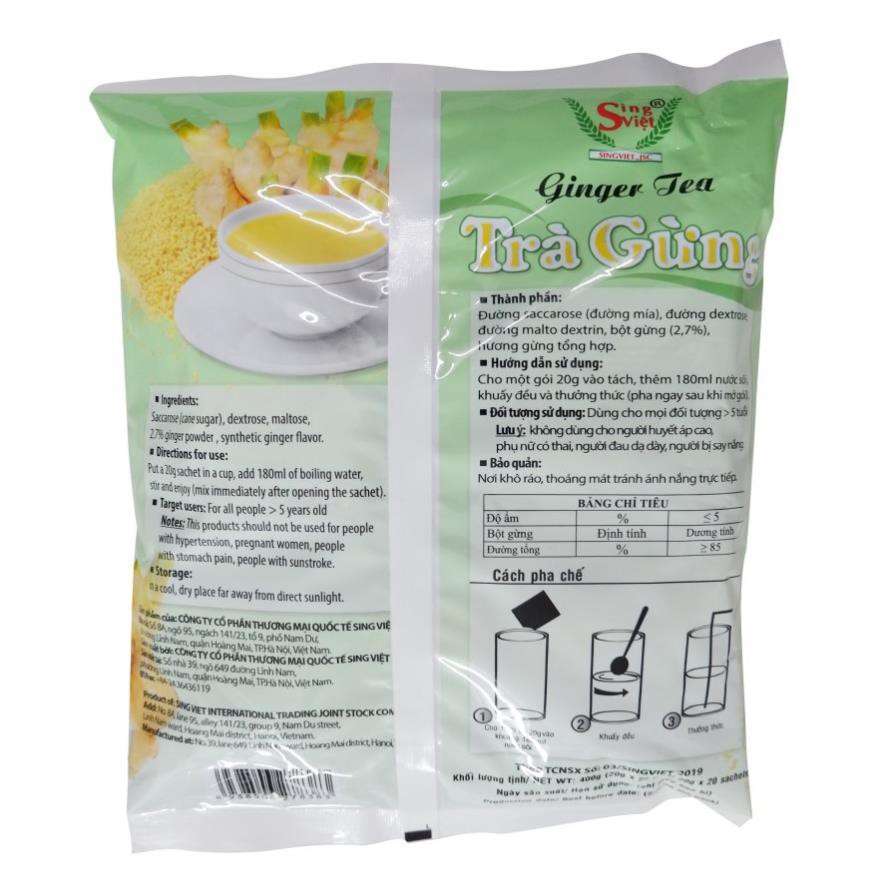 Trà gừng dạng cốm Sing Việt 400g (20 gói x 20g) dùng cho gia đình, quán cà phê, kinh doanh đồ uống - NPP HS Shop