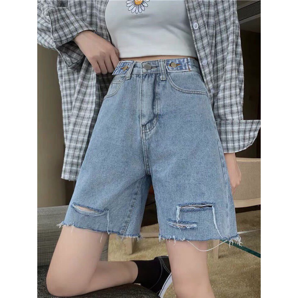 Quần Short Jeans Rách Đùi, Quần Ngố Jean Lửng Nữ Form Rộng Trơn Basic, Labibi