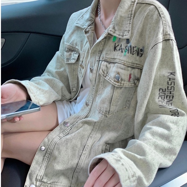 Áo khoác denim ZHELIHANGFEI dáng rộng họa tiết thêu phong cách cổ điển thời trang