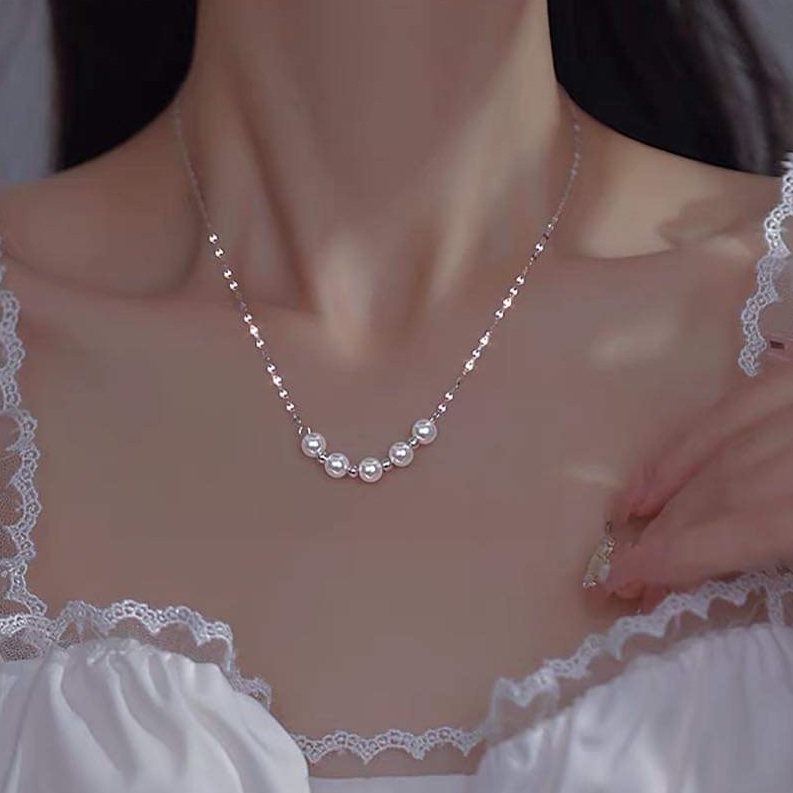 Dây chuyền bạc Dây liền mặt dãy hạt ngọc trắng xinh Van Jewelry V10765