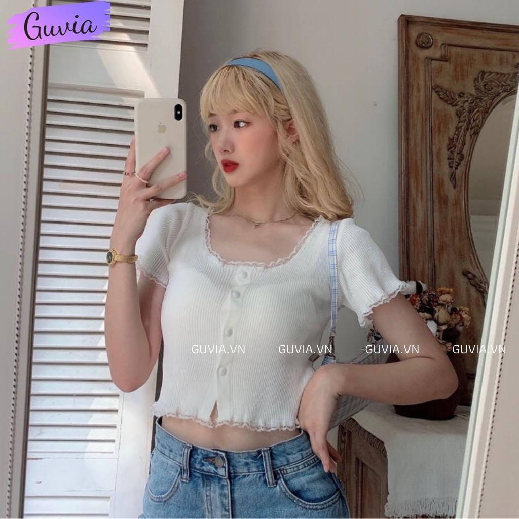 Áo Croptop Nữ Tay Ngắn Cổ Vuông Viền Ren Ôm Body Co Giản Tốt, Áo kiểu nữ chất vải tốt mặc đẹp CRT 12 GUVIA