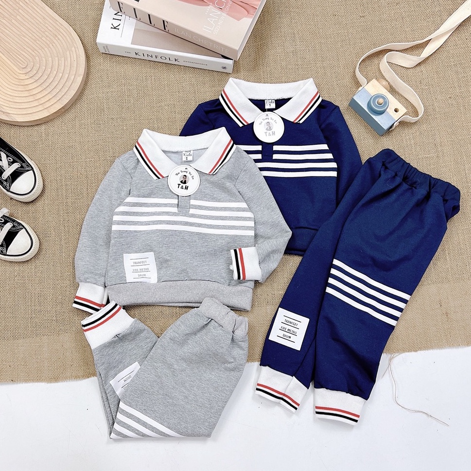Bộ quần áo bé trai, Set phông nỉ 4 vạch kẻ ngang gồm áo polo dài tay và quần dài jogger cho bé 7-18 kg, SUN KID'S