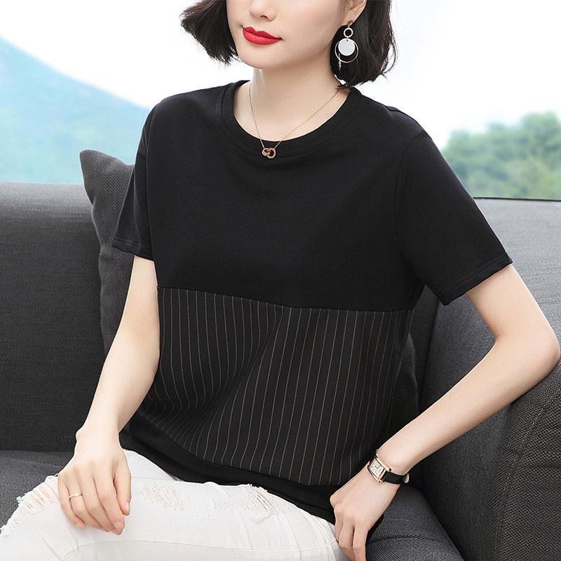 Áo Thun cotton Ngắn Tay Cổ Tròn Dáng Rộng Họa Tiết Kẻ Sọc Màu Đen Thời Trang Mùa Hè Cho Phụ Nữ Trung Niên