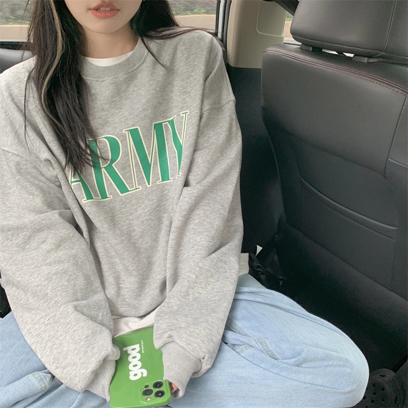 Áo Sweater Tay Dài Dáng Rộng Cổ Tròn In Chữ Kiểu Hàn Quốc Cá Tính