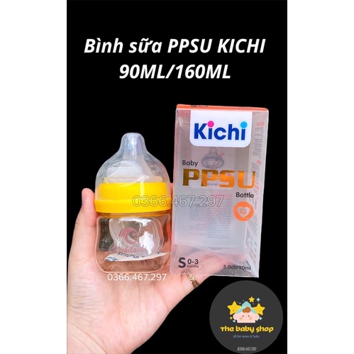 BÌNH SỮA SƠ SINH PPSU KICHI CỔ RỘNG 90ML/160ML TẶNG THÊM 1 NÚM