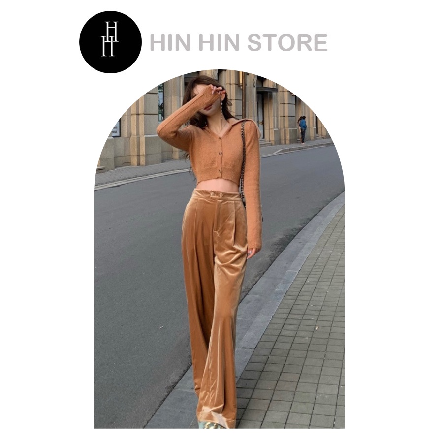 Set áo len lông mịn + quần cạp cao ống suông nhung nữ tính HS109 Hỉn Hỉn Store