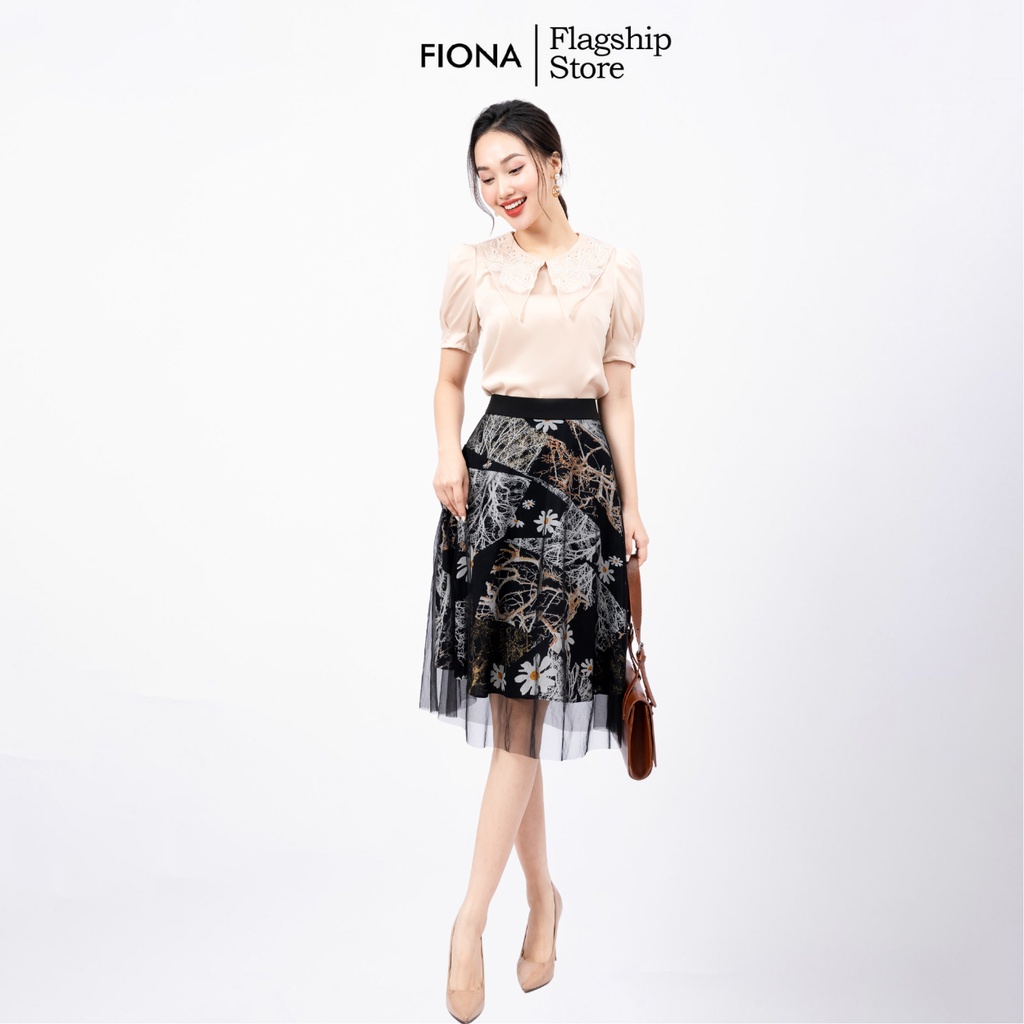 Chân váy xòe họa tiết hoa phối lưới FIONA, chân váy công sở F251473