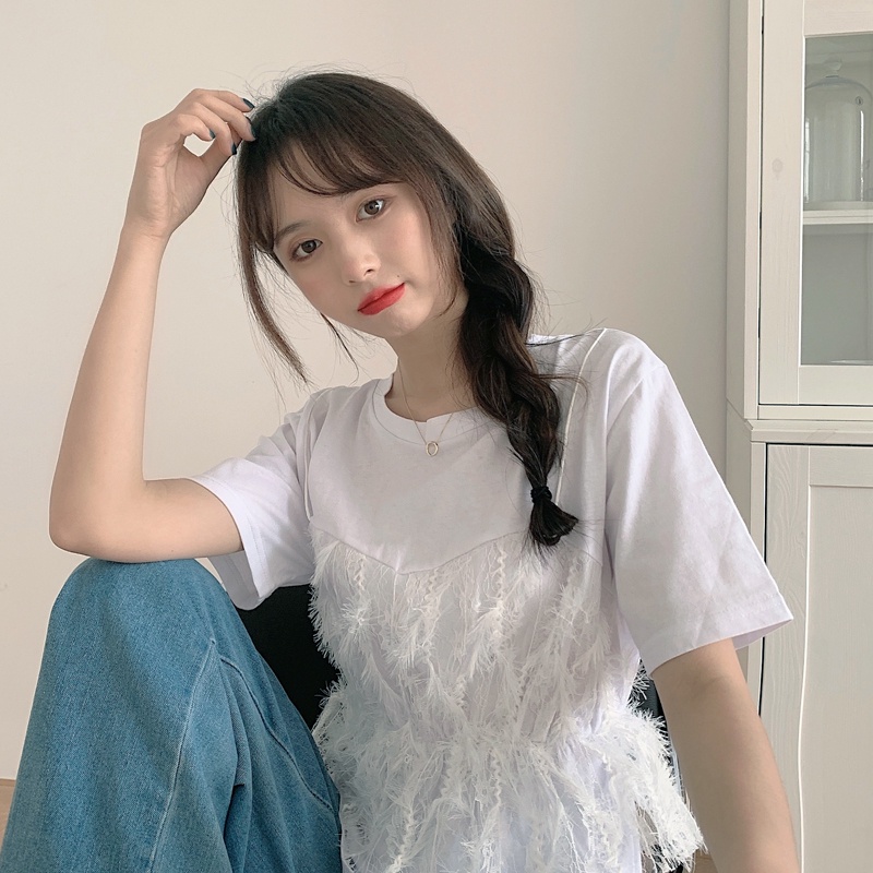 SUXI Áo Thun Nữ Ngắn Tay Phối Ren Thời Trang