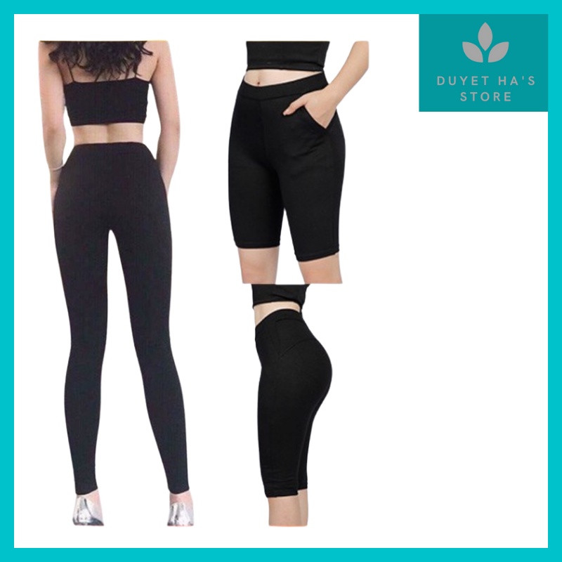 Quần legging nâng mông, quần legging lửng đùi ngố nữ màu đen mặc nhà, quần tập gym co dãn 4 chiều