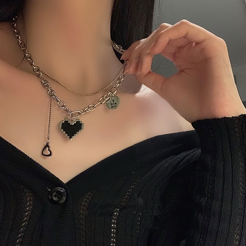 Vòng Cổ Choker Hai Lớp Bằng Hợp Kim Màu Đen Mặt Trái Tim Phong Cách Punk Hiphop Cho Nữ