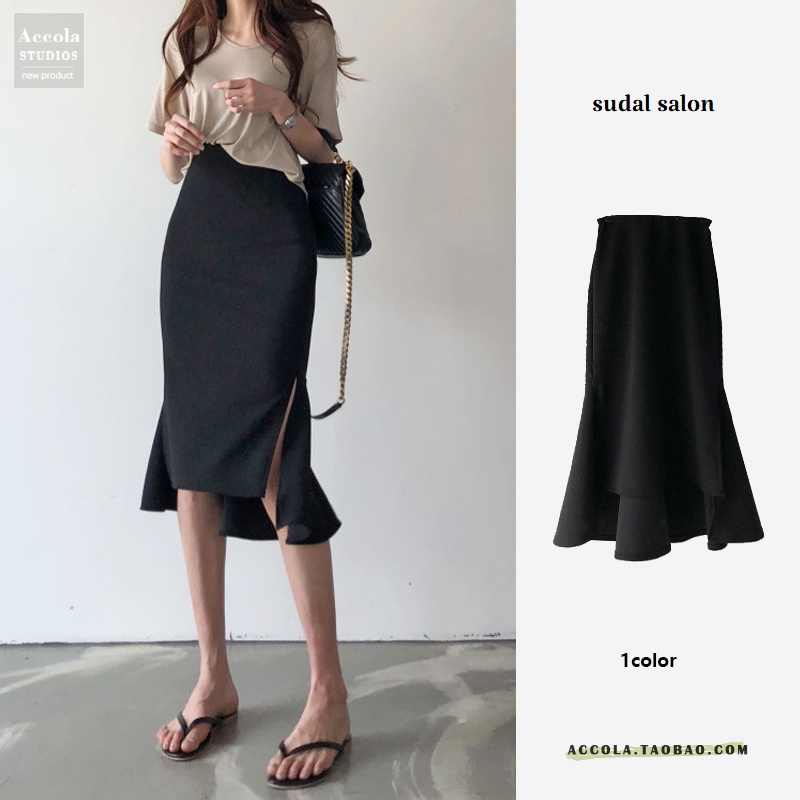 Chân váy MORAN đuôi cá vạt cao thấp style công sở sang trọng Hàn Quốc