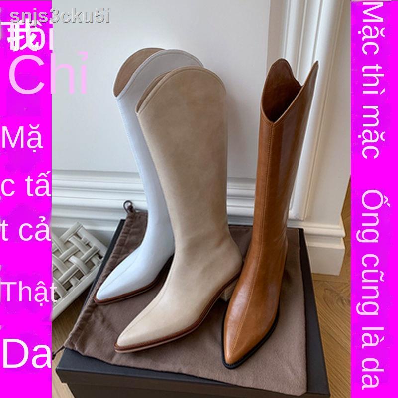 ♝❇Giày cao bồi phương tây mũi nhọn màu trắng cổ của phụ nữ Đầu gối mỏng hơn ủng dài bằng da gót dày