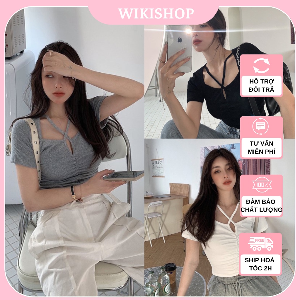 Áo thun croptop nữ cộc tay đan dây chéo ngực WIkishop đen trắng ghi freesize phom ôm hở eo tôn dáng sexy hàn quốc C806