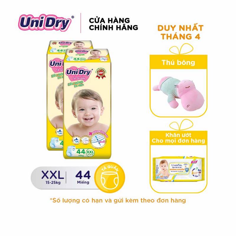 (Tặng 1 thú bông cho bé) Combo 2 Tã quần siêu mỏng UniDry Ultra Thin Size M60-L54-XL48-XXL44