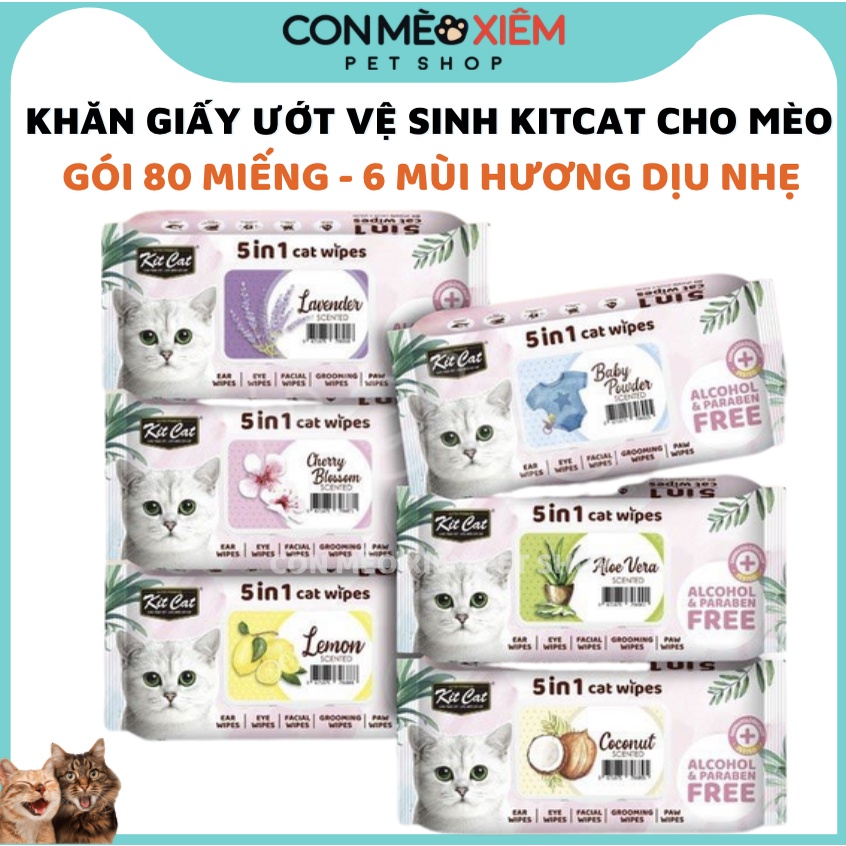 Khăn giấy ướt cho mèo Kit cat wipes 5 trong 1, lau vệ sinh tai mặt chân cho mèo lớn mèo nhỏ Con Mèo Xiêm