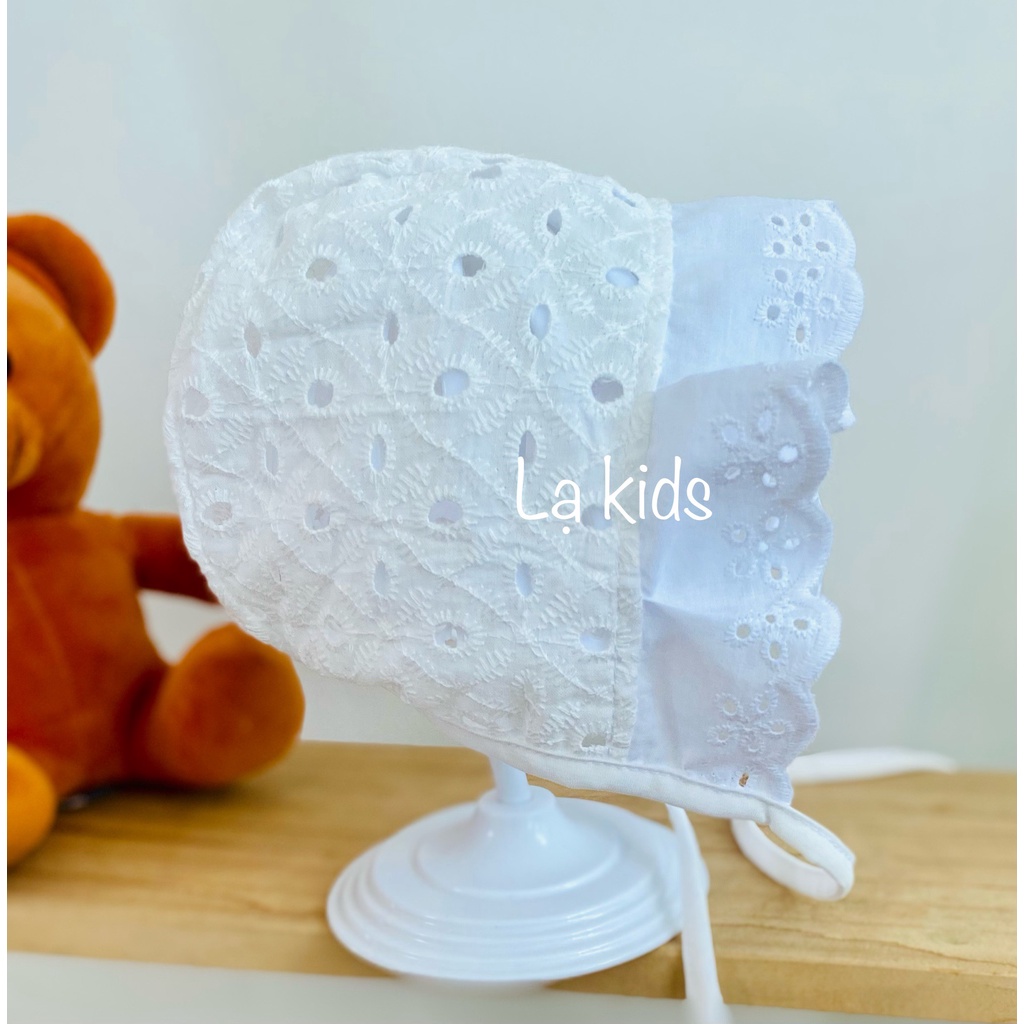 Mũ bonnet thô thêu cho bé,