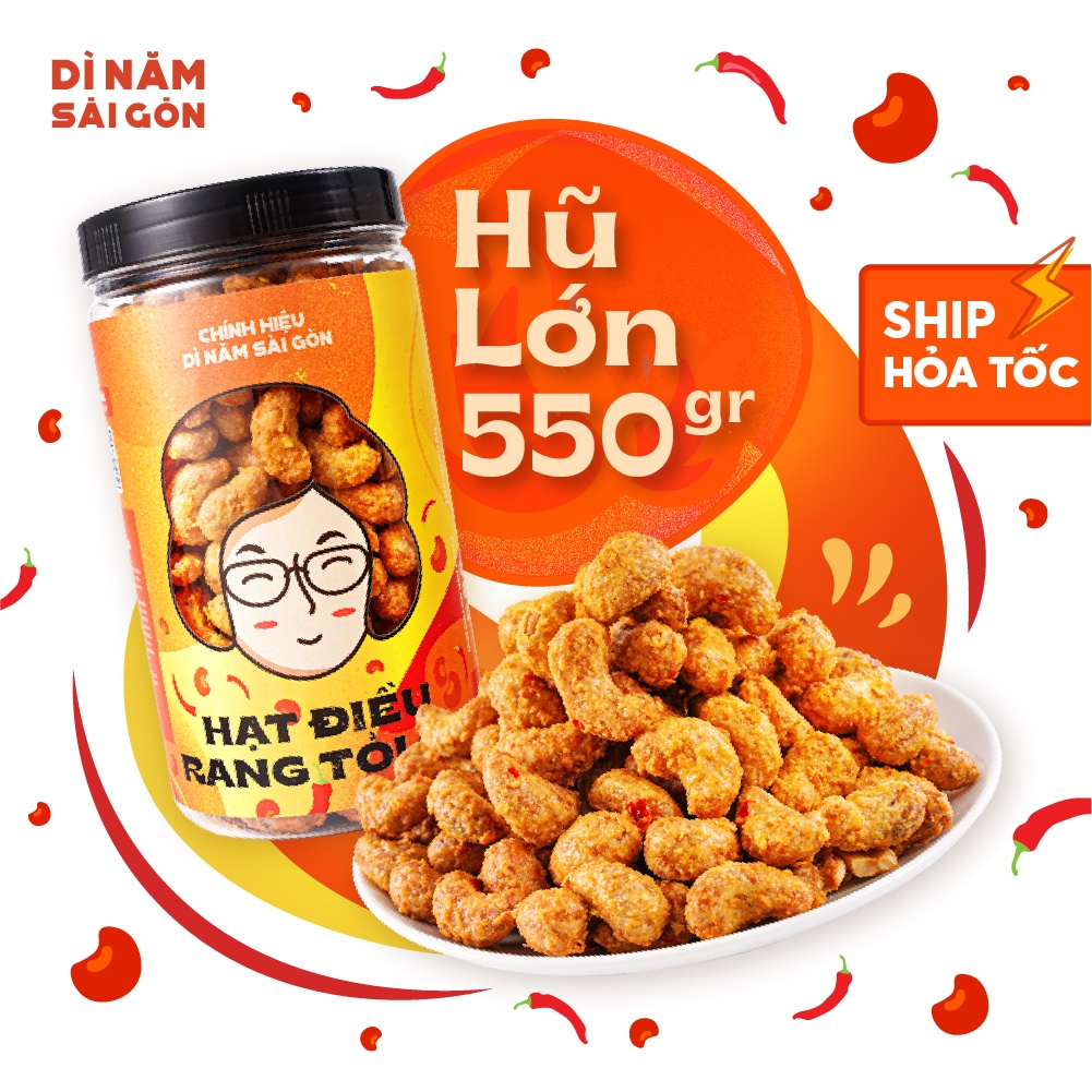 HẠT ĐIỀU RANG TỎI ỚT 550GR I DÌ NĂM SÀI GÒN I Ăn vặt cao cấp, hàng ngon LOẠI 1, chất lượng xuất khẩu I BÙI BÉO THƠM NGON