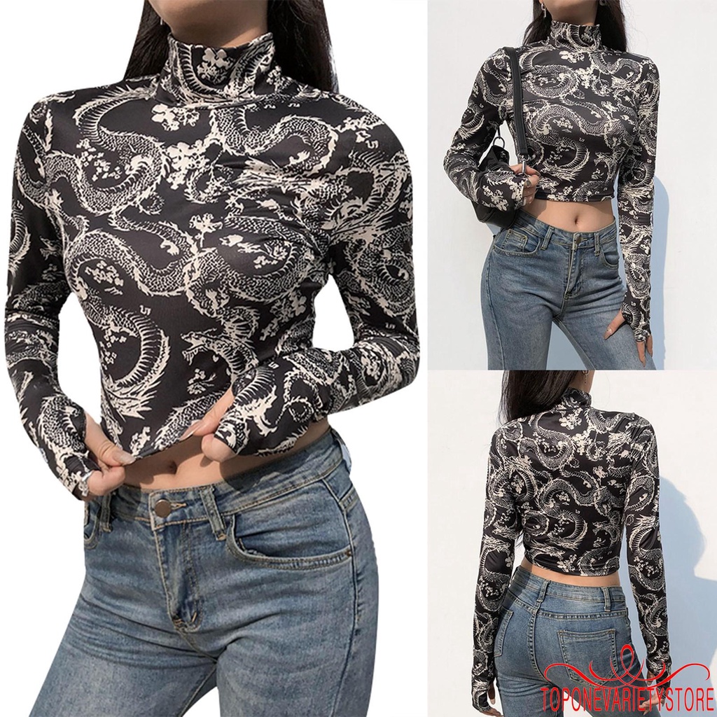 Áo Croptop Nữ Tay Dài In Hình Rồng Cá Tính