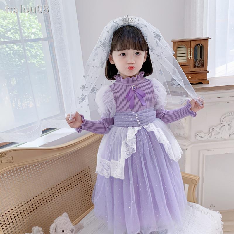 ▼Đầm công chúa phối lưới màu tím phong cách phương Tây thời trang thu đông cho bé gái
