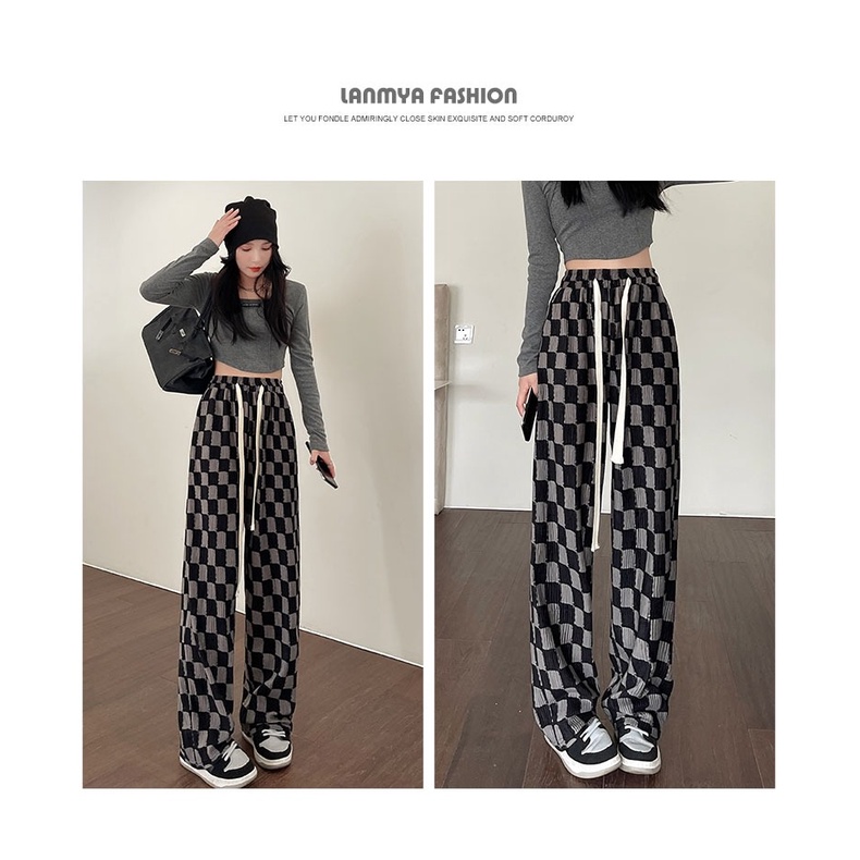 Quần Dài Ống Rộng Lưng Cao Họa Tiết Sọc Caro Trắng Đen Thời Trang Xuân Hè Cho Nữ