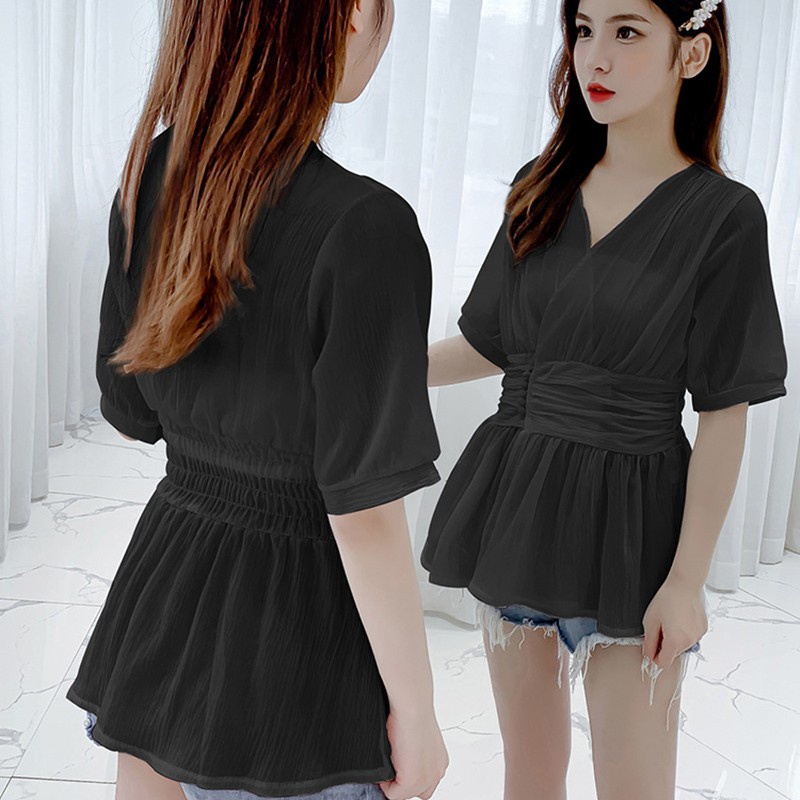Áo kiểu chất chiffon tay ngắn cổ chữ V thiết kế màu trơn thanh lịch