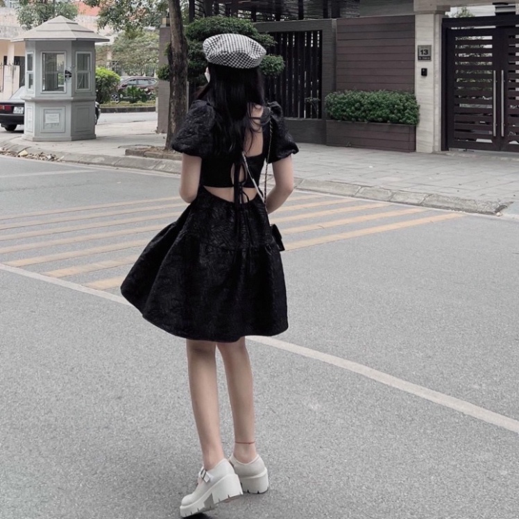 Váy cổ hình vuông tay bồng bay bổng hở lưng buộc dây thời thượng V02 babydoll váy xinh ulzzang - Váy mầu trắng xiao shop