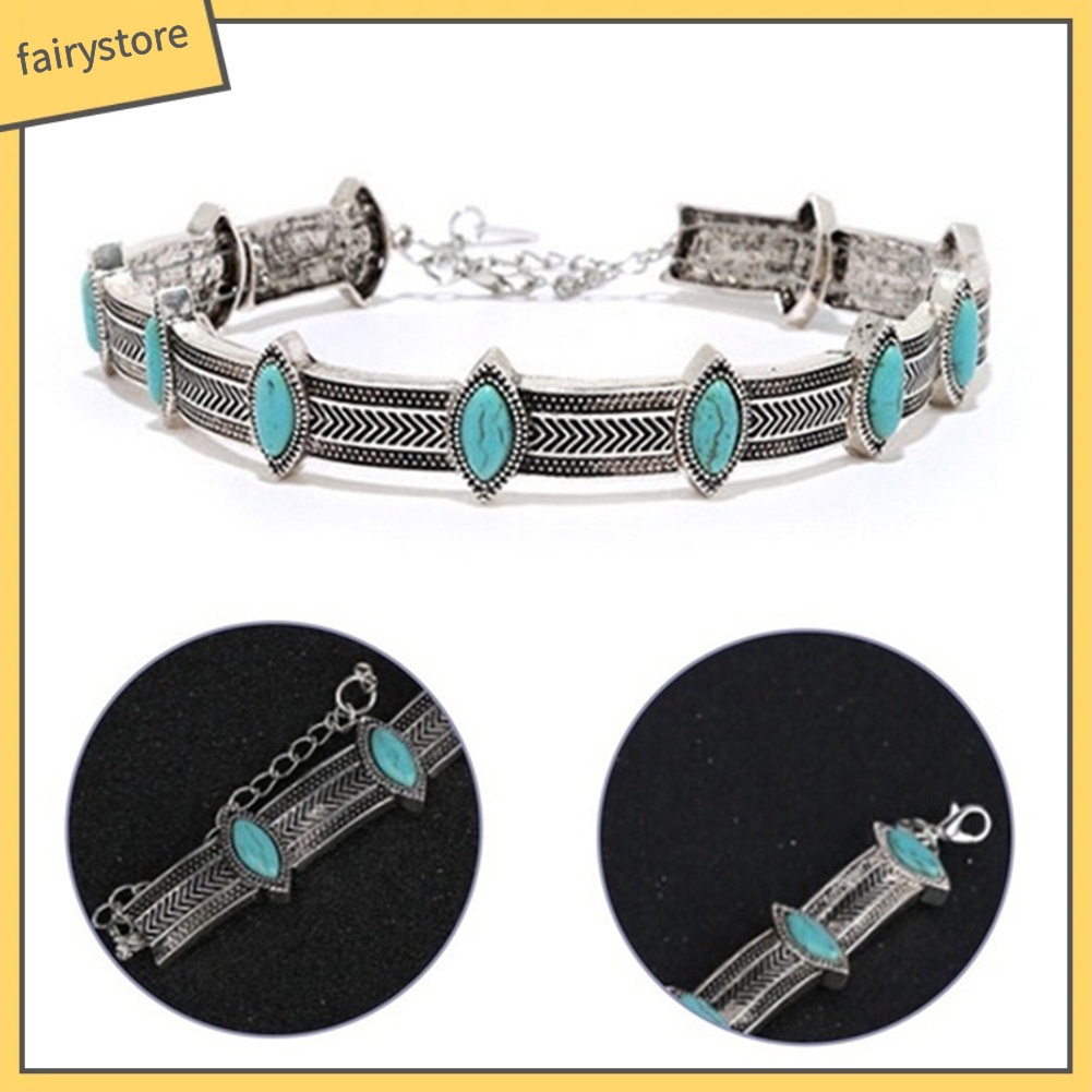Vòng Cổ Choker Đính Đá Ngọc Lam Nhân Tạo Phong Cách Bohemian Thời Trang