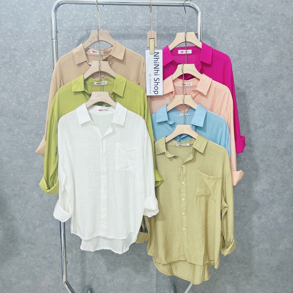 Áo sơ mi kiểu 1 túi dài tay dáng rộng, Áo sơ mi nữ đũi tơ nhăn mát SM8761 - NhiNhi Shop