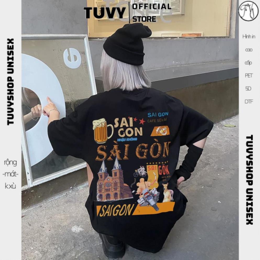 Áo Phông Nữ TUVYCHUYENSI Áo Thun Tay Lỡ SÀI GÒN XINH Phông Cotton Mát Unisex Nam Nữ Oversize Form Rộng Đen,Trắng