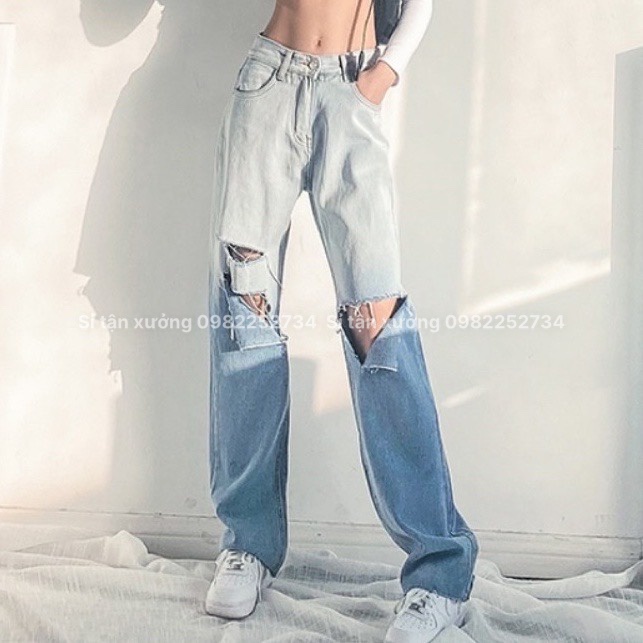 Quần jean suông nữ lưng cao rách gối, quần bò ống rộng loang màu chất xịn phong cách Hàn Quốc 9612