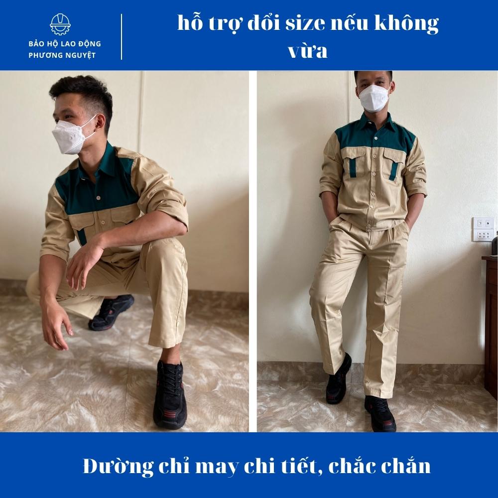 Quần áo bảo hộ lao động be vàng phối xanh két vải kaki 3/1 dày dặn, may đẹp may kĩ, không bai, không xù, không dão