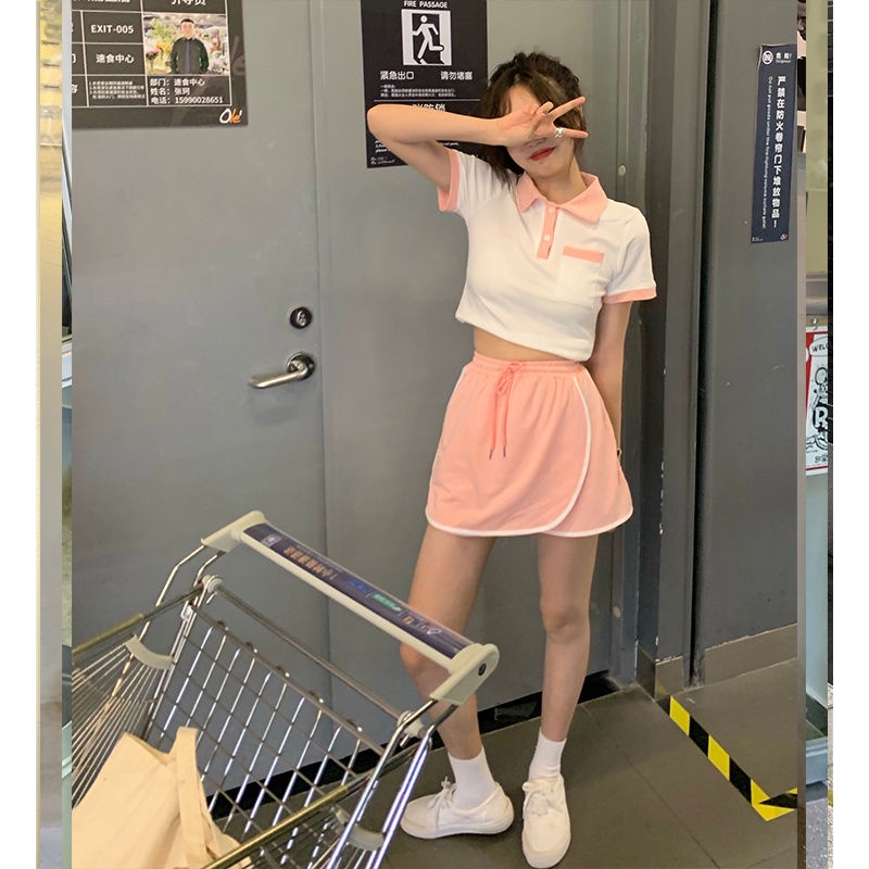 Jiashucheng Hàng Có Sẵn Set Áo Thun polo Ngắn Tay Và Chân Váy Ngắn Phong Cách Preppy Hàn Quốc Thời Trang Mùa Hè Mới Cho Nữ