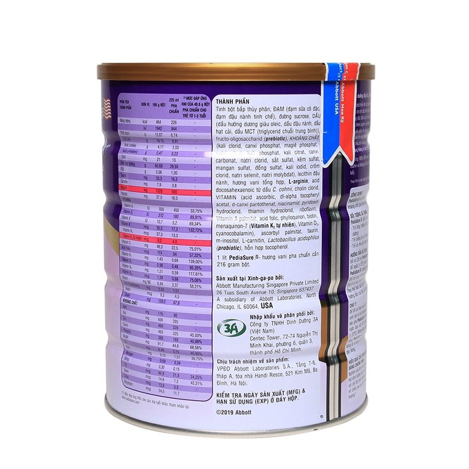 Sữa PediaSure 1,6kg Hương Vani, Hàng Chính Hãng, Date Mới Nhất