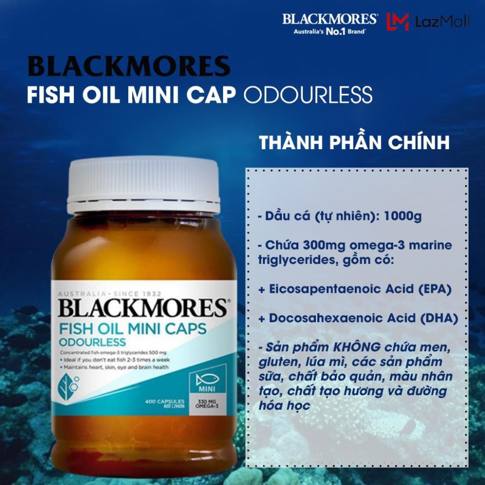 Blackmores Odourless Fish Oil 1000 Mini Capsules 190v - Dầu cá KHỬ MÙI tự nhiên Blackmore Úc, bổ sung omega 3 H164