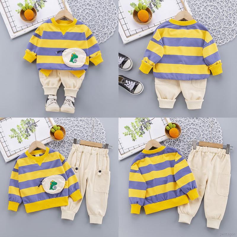 Bộ Áo Sweater Kẻ Sọc Phối Túi In Hoạt Hình Khủng Long Dễ Thương Cho Bé Trai