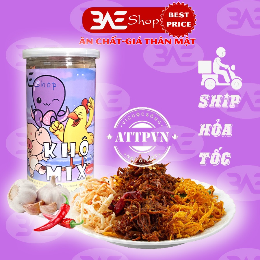 Khô mix 3 vị heo mực gà loại hộp 300g shop 3AE đồ ăn vặt Hà Nội ngon bổ rẻ