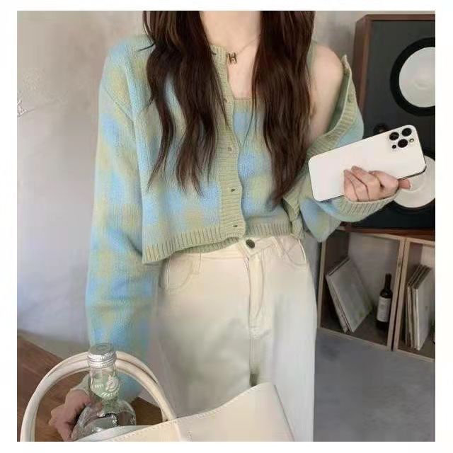 Aug. Bộ Áo Cardigan Hai Mảnh Màu Sắc Tương Phản Năm 2021