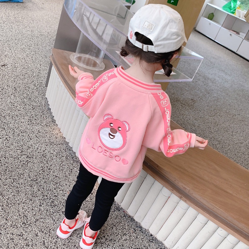 Áo khoác bomber lưng hình gấu LOESO chất nỉ da cá cho bé từ 7 đến 18 kg, SUN KID'S