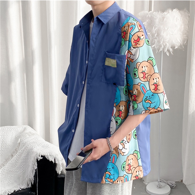 Áo Sơ Mi Tay Ngắn In Họa Tiết Hoạt Hình Phong Cách Hàn Quốc Cho Nam