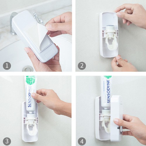 Dụng cụ lấy nặn kem đánh răng dán tường siêu dính dễ dàng sử dụng để treo 4 bàn chải đánh răng