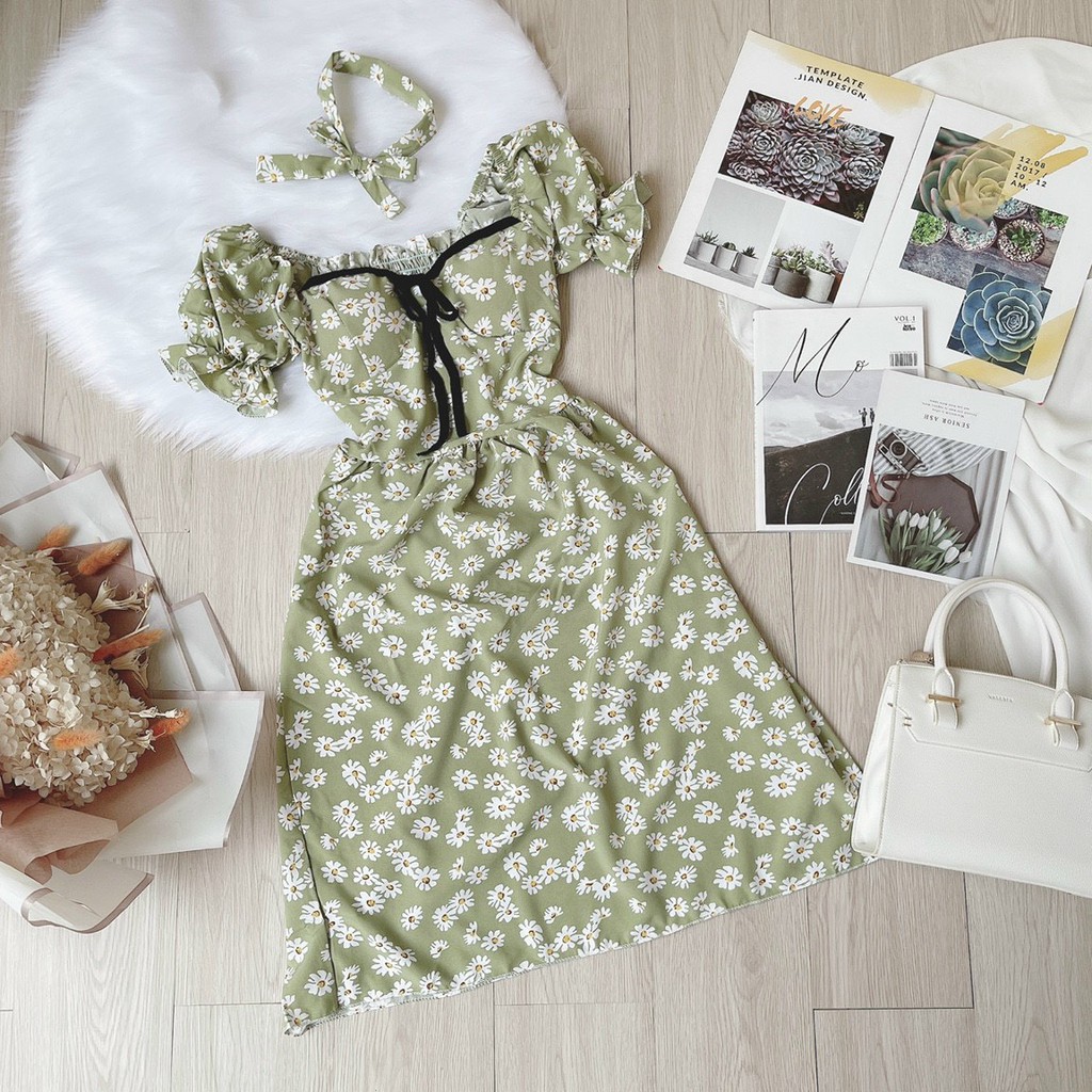 đầm hoa cúc xinh kèm nơ đeo cổ xinh xinh