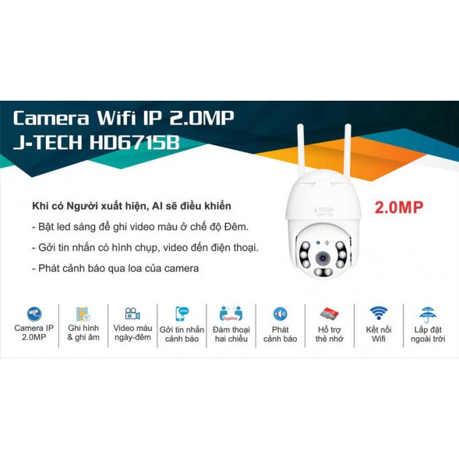 CAMERA WIFI IP J-TECH HD6715B (2MP, XOAY, SMART LIGHT)