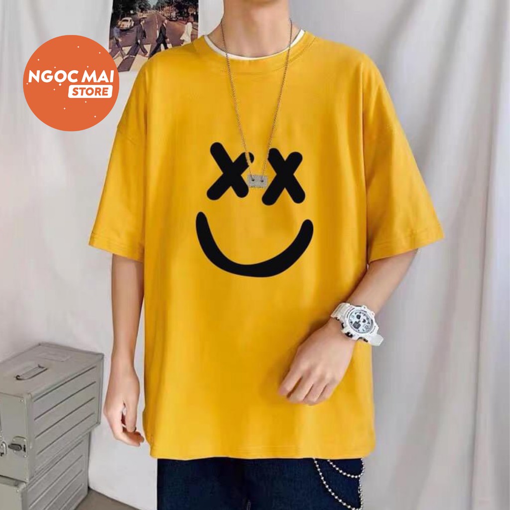 Áo Thun Nam Nữ Unisex Tay Lỡ Cổ Tròn From Rộng Hình Cười | Áo Phông Tay Lỡ Freesize 38-70kg, Thun Cotton|Ngọc Mai Store