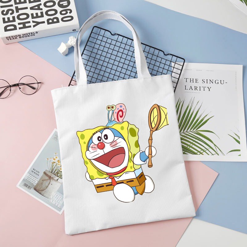 Túi tote vải trắng đeo vai DORAEMON CUTE MÈO MÁY THÔNG MINH phong cách in hình anime chibi dễ thương thời trang