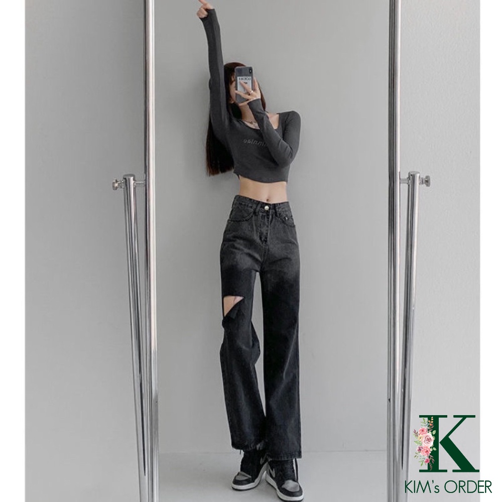 Quần jean nữ màu đen khói loang rách ống, quần bò ống suông phom rộng chất denim cá tính ngầu Ulzzang đủ size loại 1