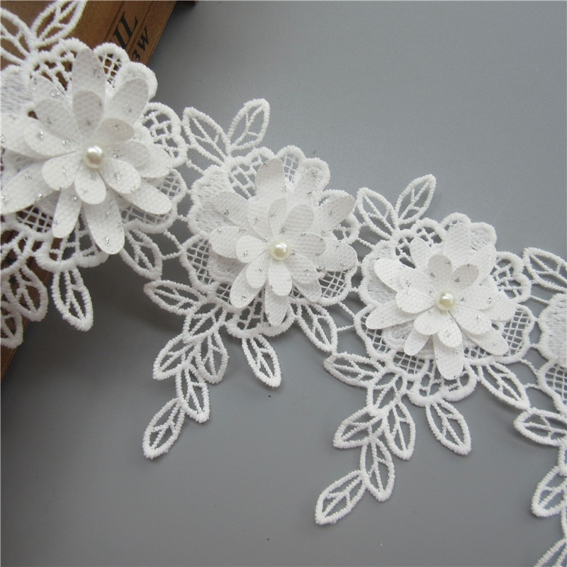 Set 10 Dây Ruy Băng Ren Thêu Hoa Đính Ngọc Trai Giả Bằng Vải cotton Màu Trắng Trang Trí Thủ Công