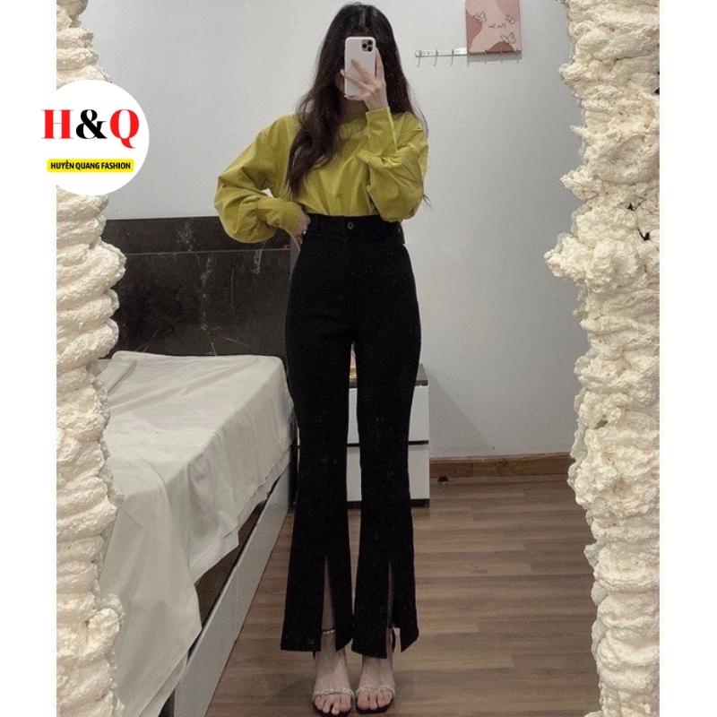 Quần Jean Nữ Dáng Dài Lưng Cao Ống Loe Co Dãn Bánh Bèo_Huyền Quang